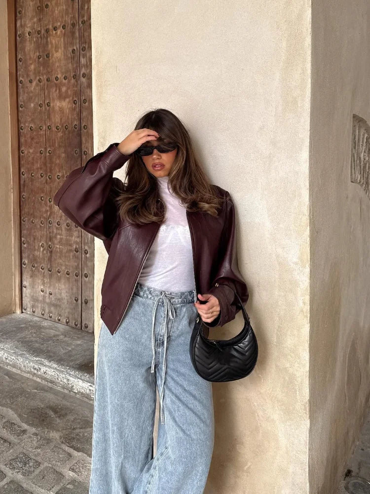 Giacca Bomber Donna Oversize in Ecopelle, Modello Corto Autunnale