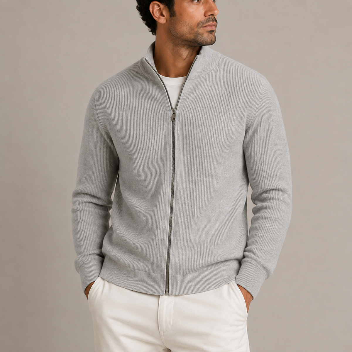Cardigan Uomo con Zip Integrale a Costine - Maglione Collo Alto