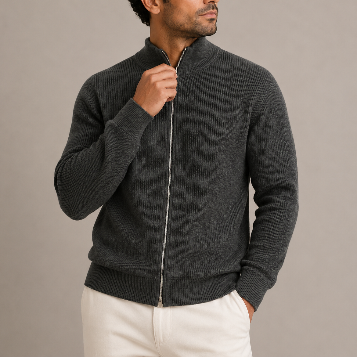 Cardigan Uomo con Zip Integrale a Costine - Maglione Collo Alto