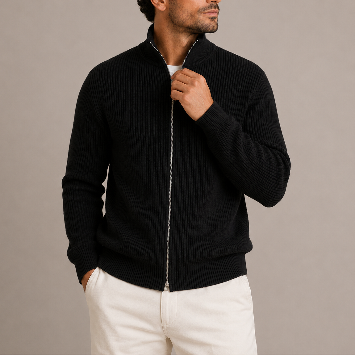 Cardigan Uomo con Zip Integrale a Costine - Maglione Collo Alto