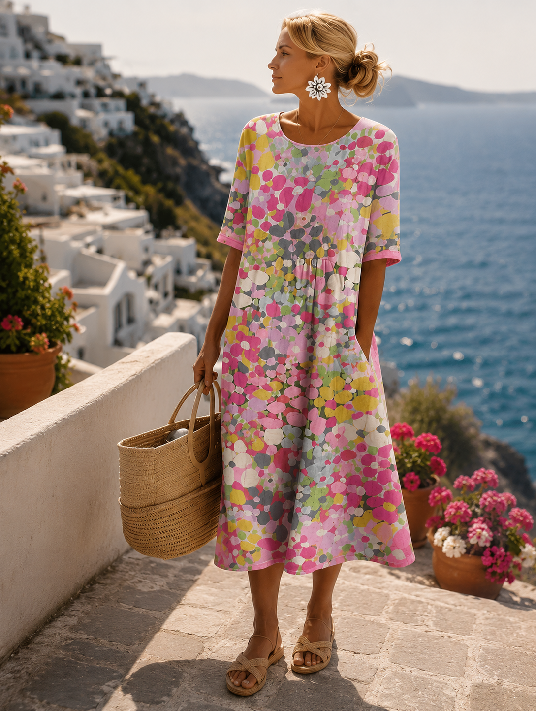 Vestito Donna Midi a Fiori Elegante con Maniche Corte