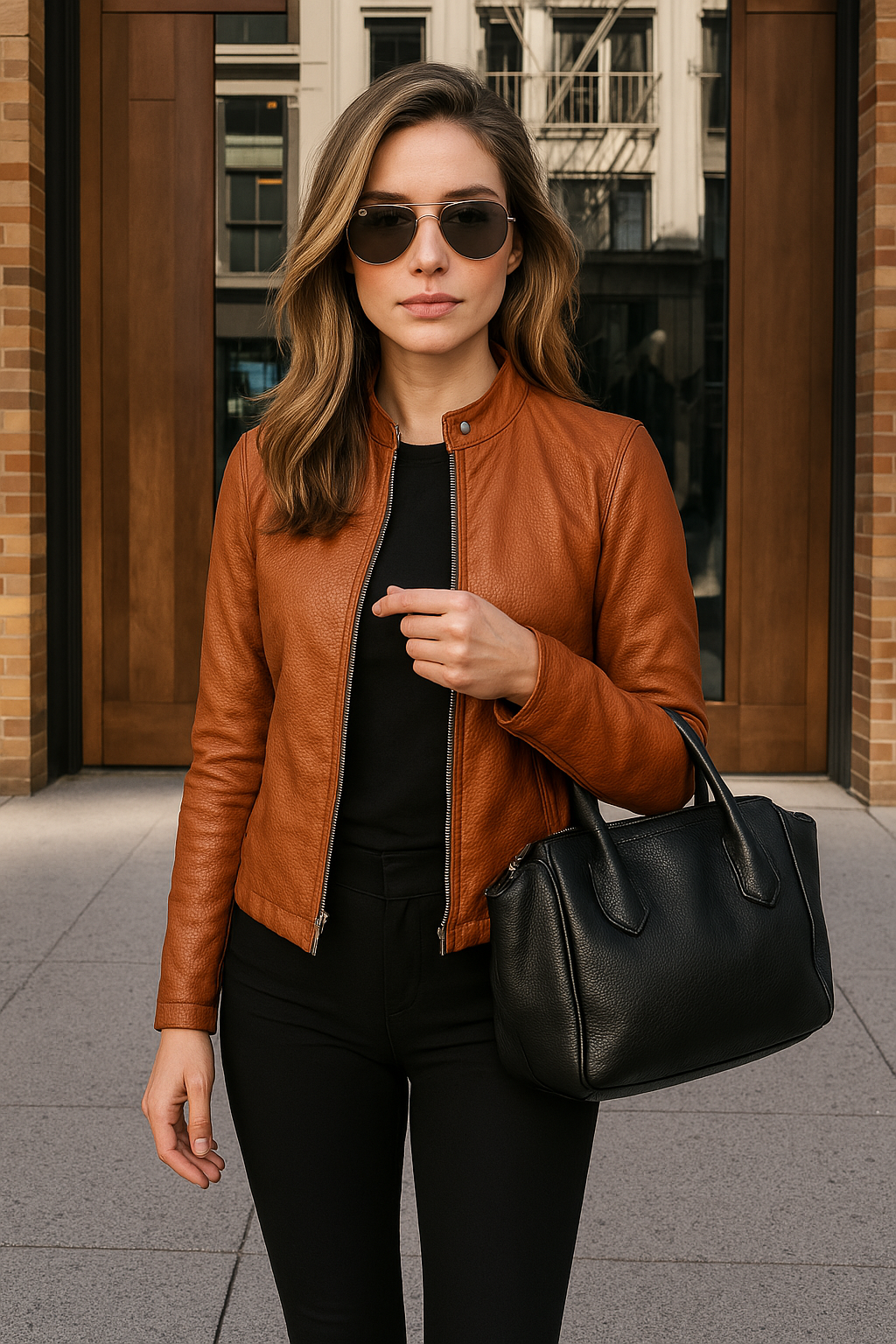 Giacca Donna in Pelle Slim Fit con Colletto alla Coreana e Zip