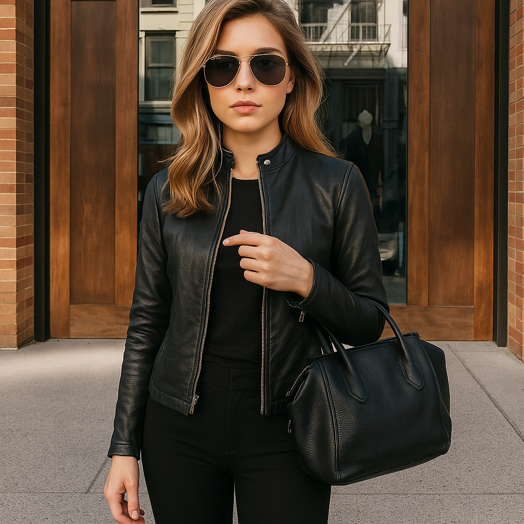 Giacca Donna in Pelle Slim Fit con Colletto alla Coreana e Zip