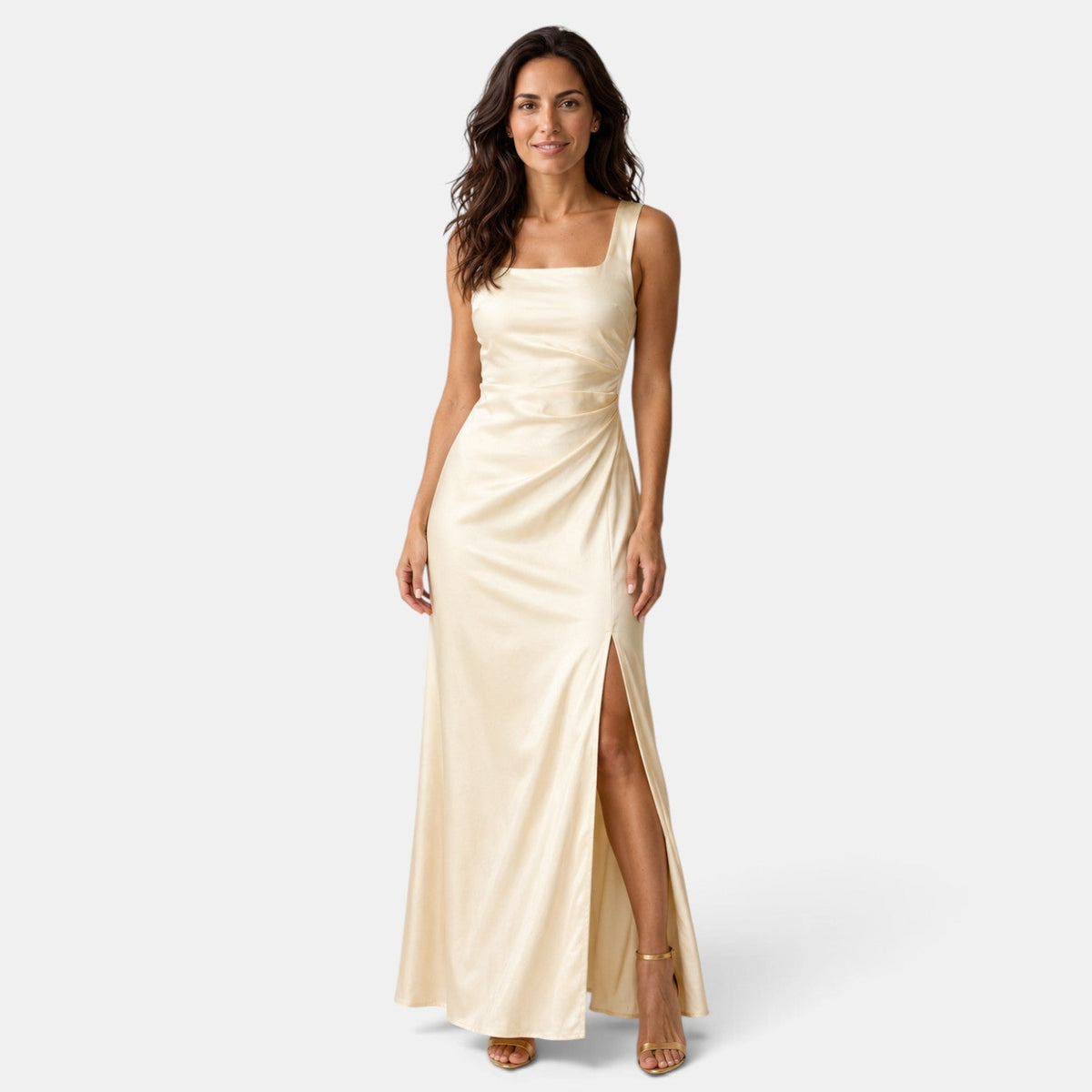 Abito Lungo da Cerimonia Donna Scollo Quadrato Beige