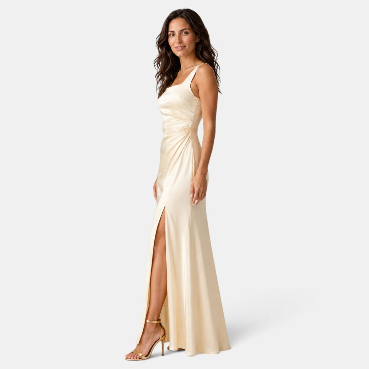 Abito Lungo da Cerimonia Donna Scollo Quadrato Beige
