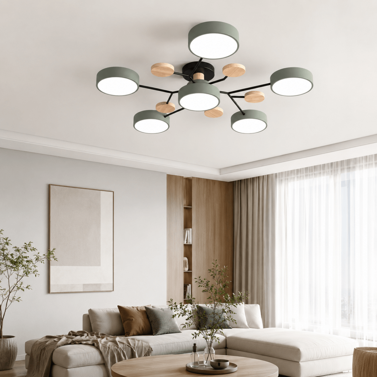 Lampada da Soffitto LED Rotonda Design Minimalista in Ferro e Legno