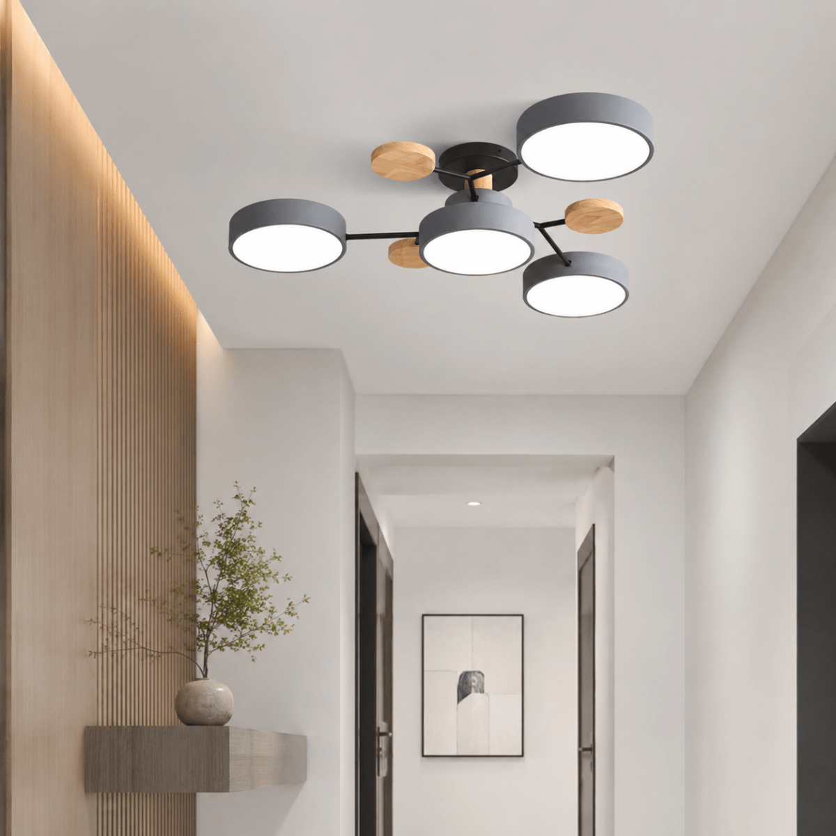 Lampada da Soffitto LED Rotonda Design Minimalista in Ferro e Legno