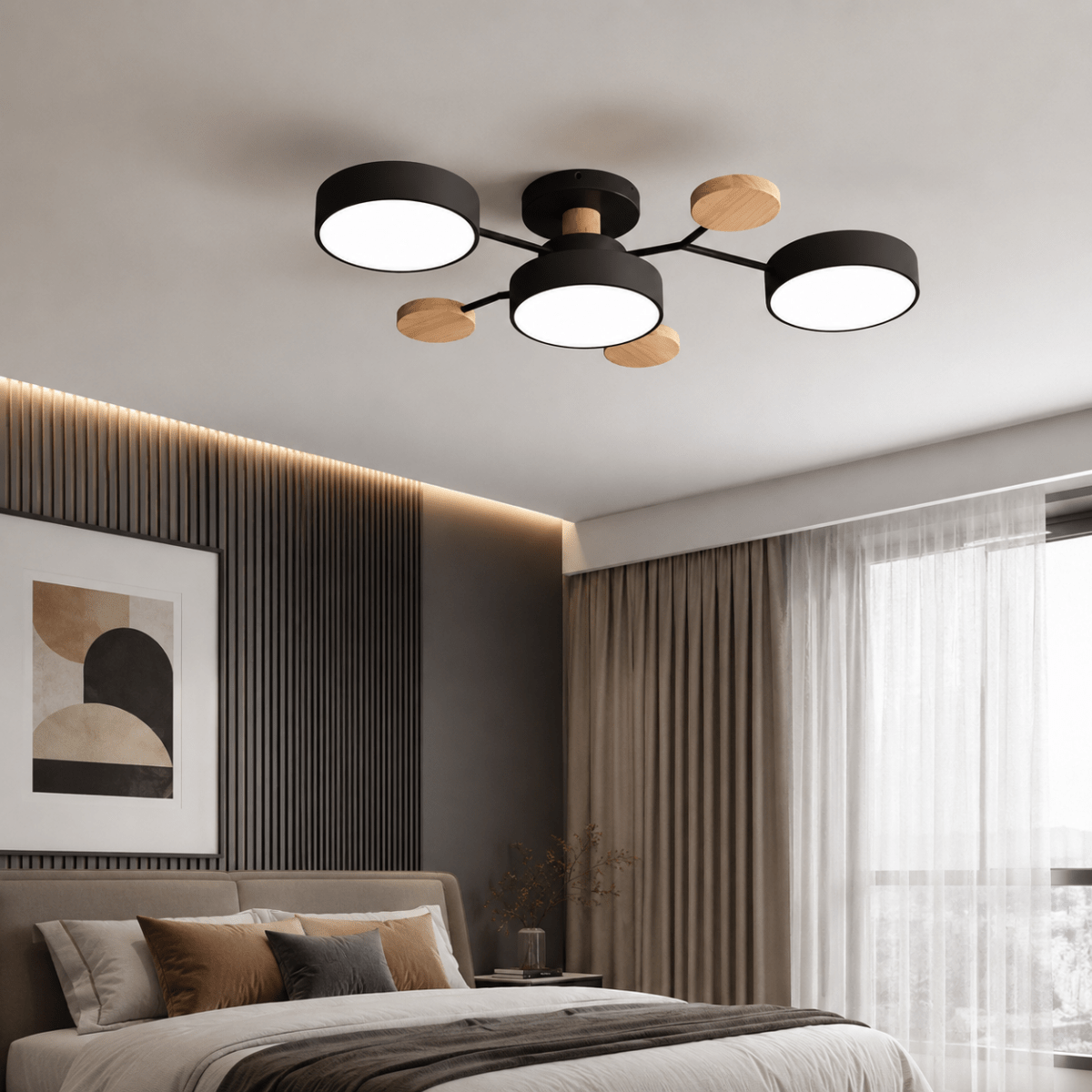 Lampada da Soffitto LED Rotonda Design Minimalista in Ferro e Legno