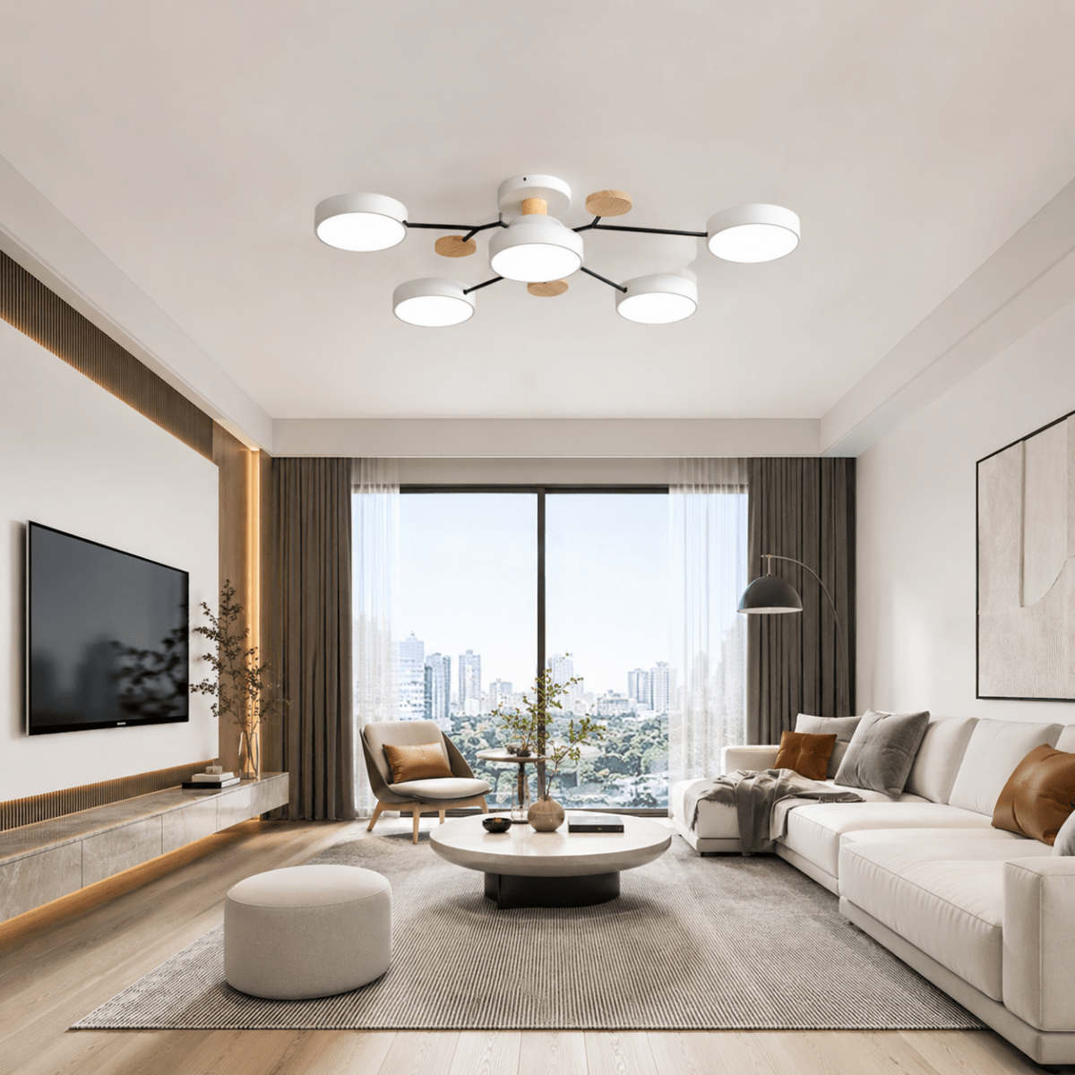 Lampada da Soffitto LED Rotonda Design Minimalista in Ferro e Legno