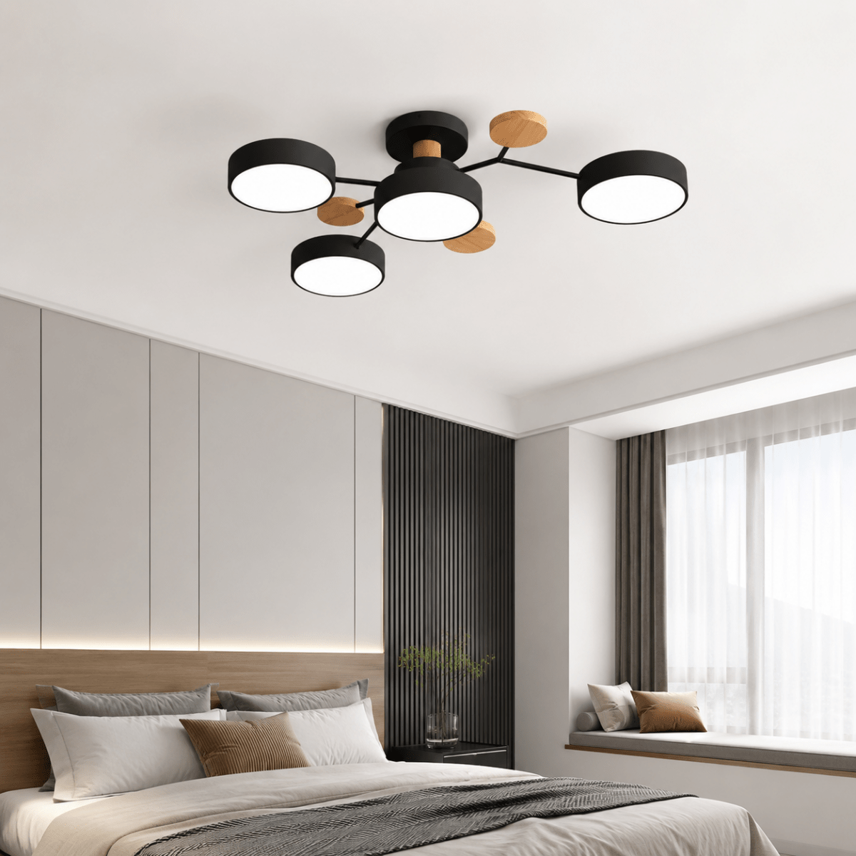 Lampada da Soffitto LED Rotonda Design Minimalista in Ferro e Legno