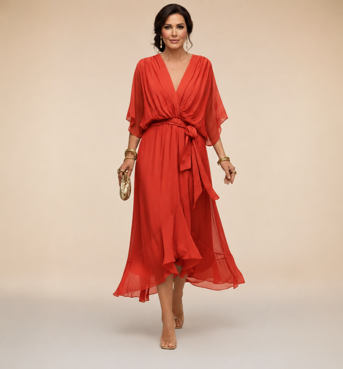 Abito Donna a Portafoglio Midi con Scollo a V
