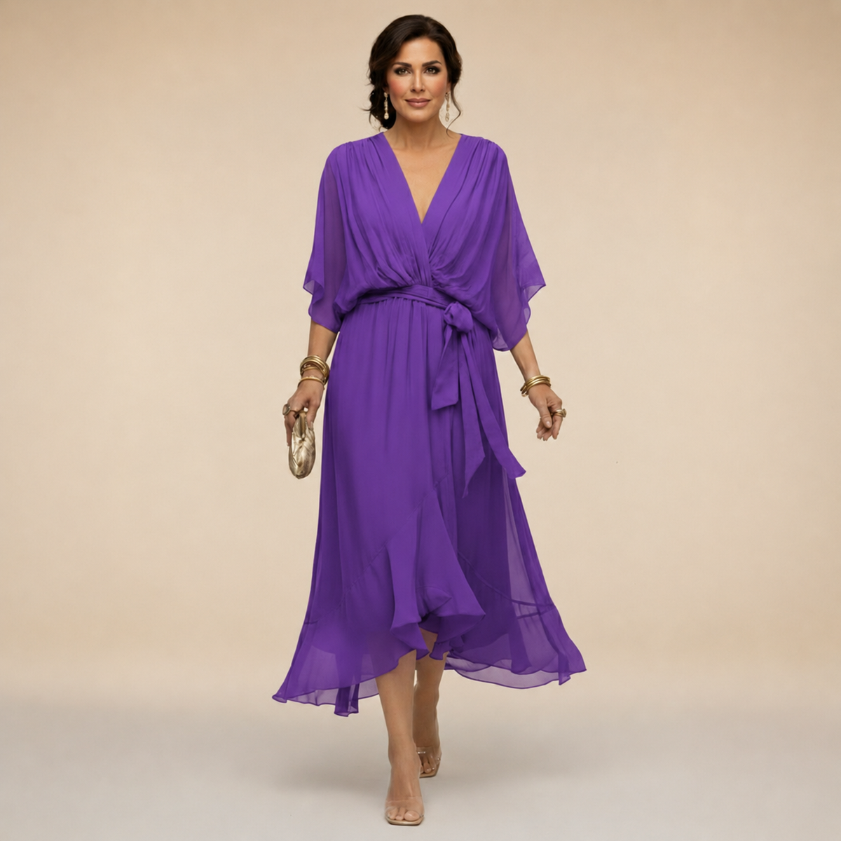 Abito Donna a Portafoglio Midi con Scollo a V