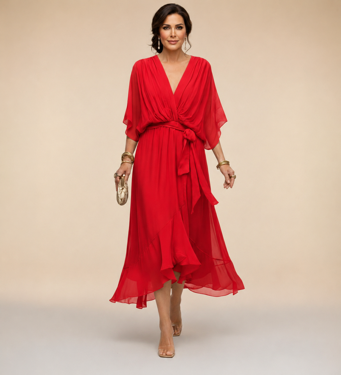 Abito Donna a Portafoglio Midi con Scollo a V
