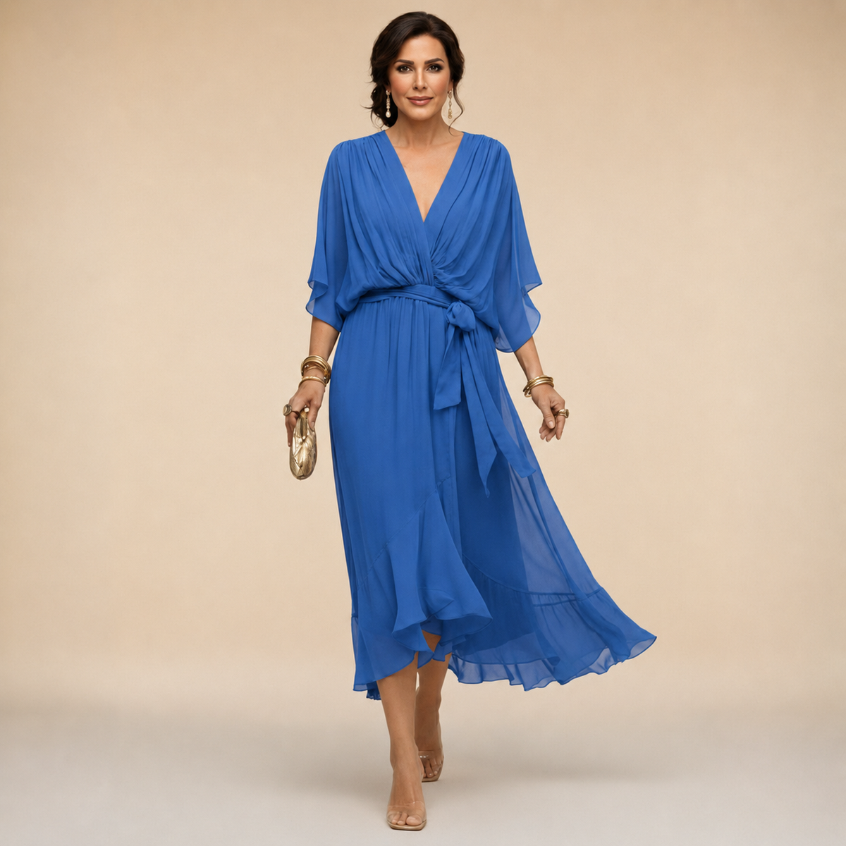 Abito Donna a Portafoglio Midi con Scollo a V