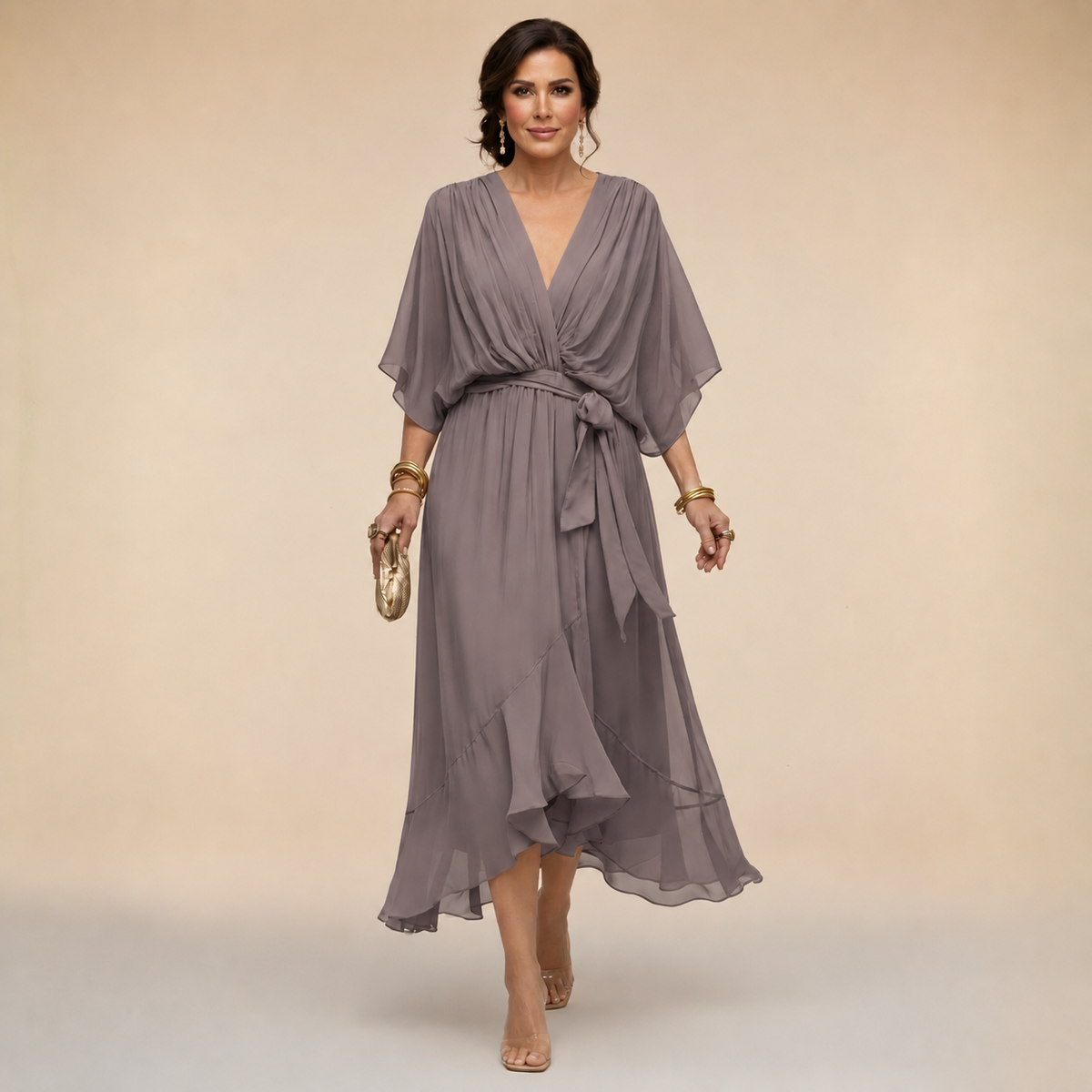 Abito Donna a Portafoglio Midi con Scollo a V