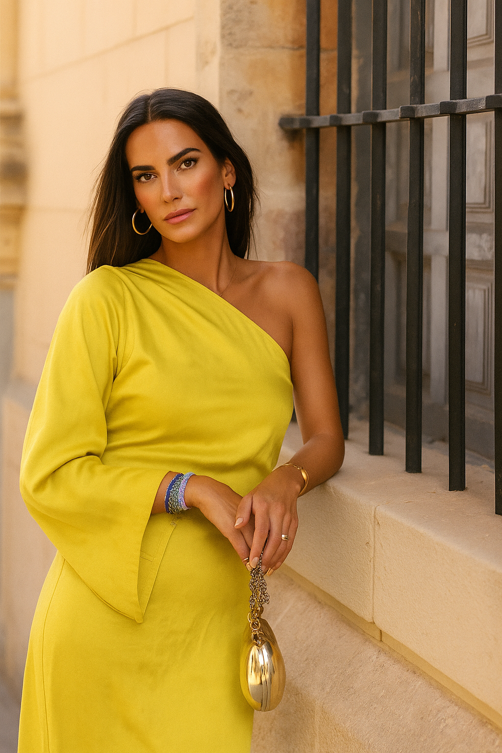 Abito Lungo Monospalla Donna con Maniche Lunghe