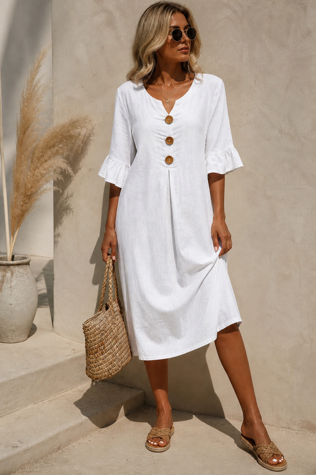 Vestito Donna Elegante Ampio in Poliestere con Bottoni