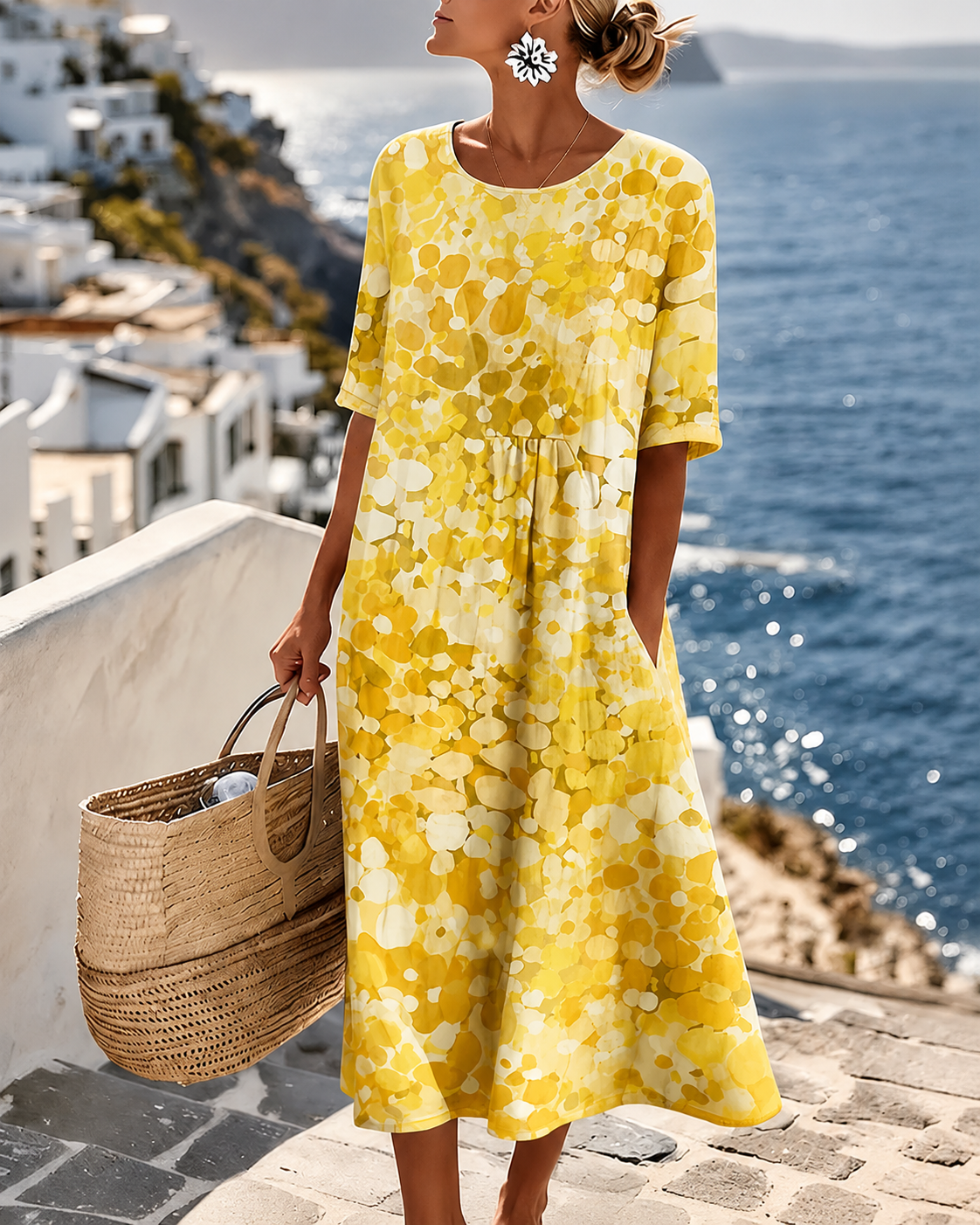 Vestito Donna Midi a Fiori Elegante con Maniche Corte