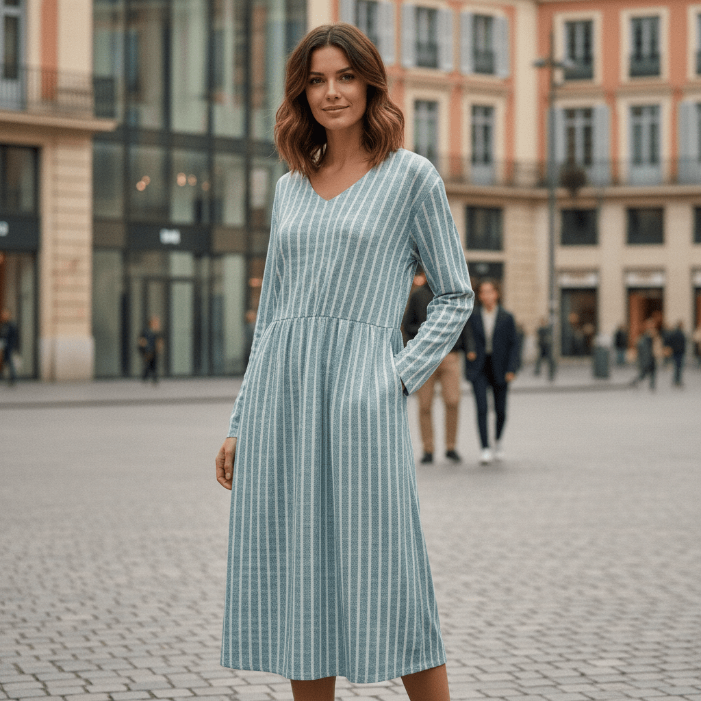 Vestito Donna a Righe Scollo V Manica Lunga