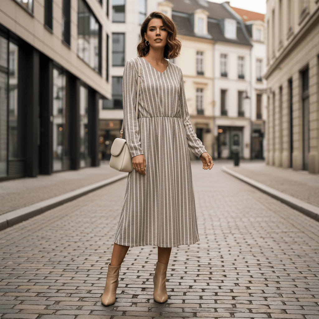 Vestito Donna a Righe Scollo V Manica Lunga