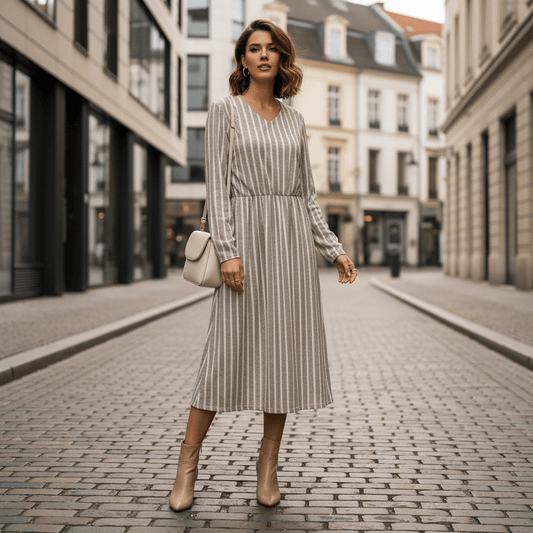Vestito Donna a Righe Scollo V Manica Lunga