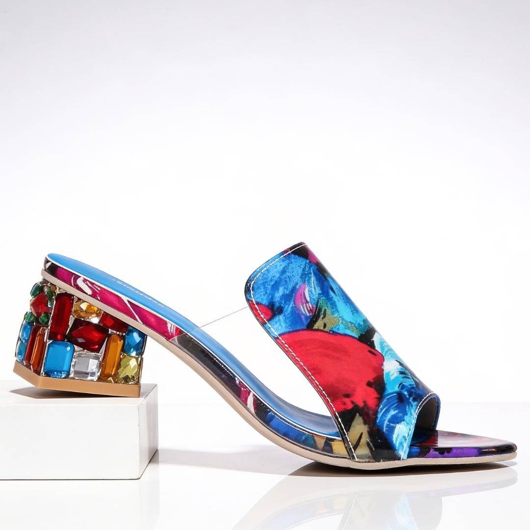 Sandali Donna Slide Tacco Gioiello con Strass Multicolor