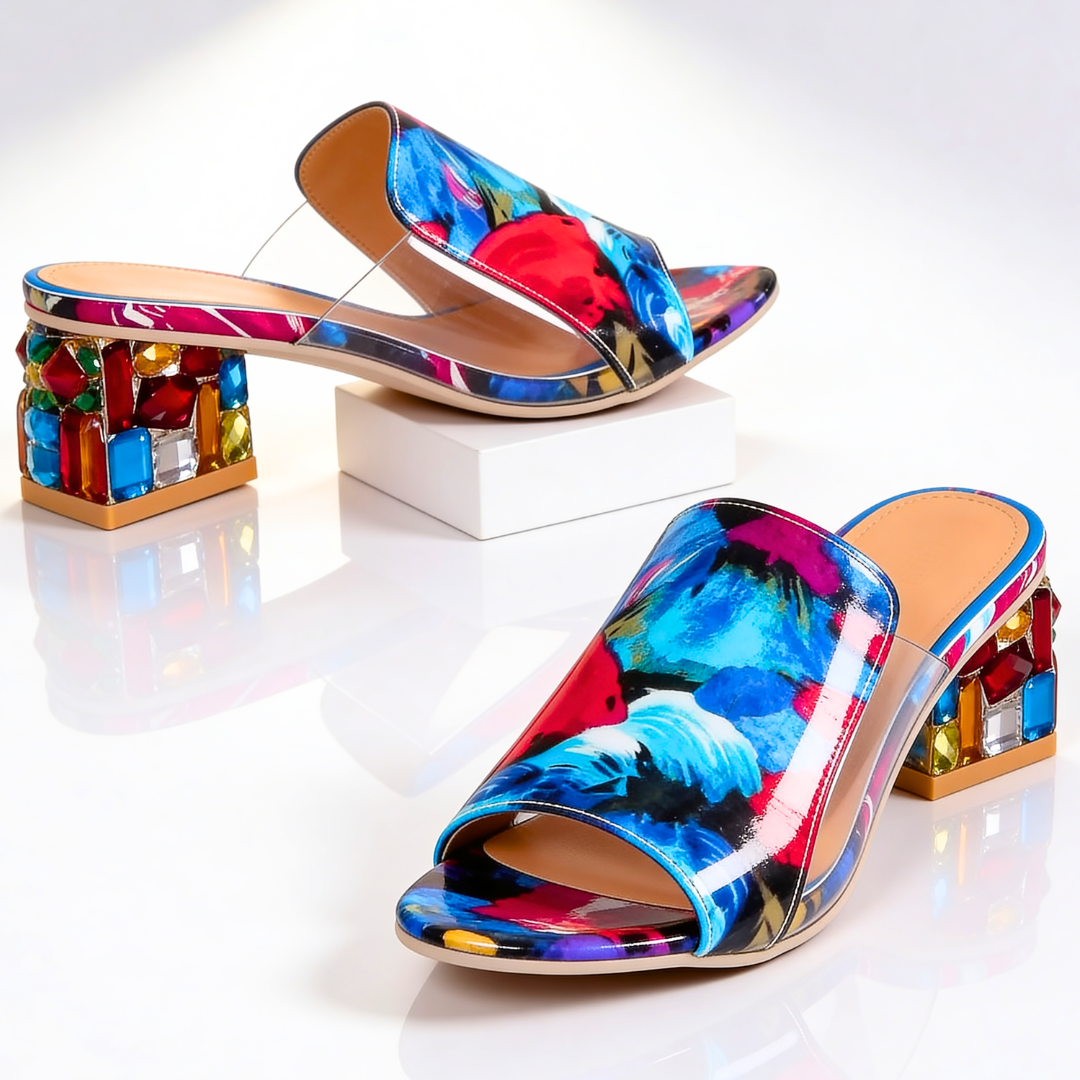 Sandali Donna Slide Tacco Gioiello con Strass Multicolor