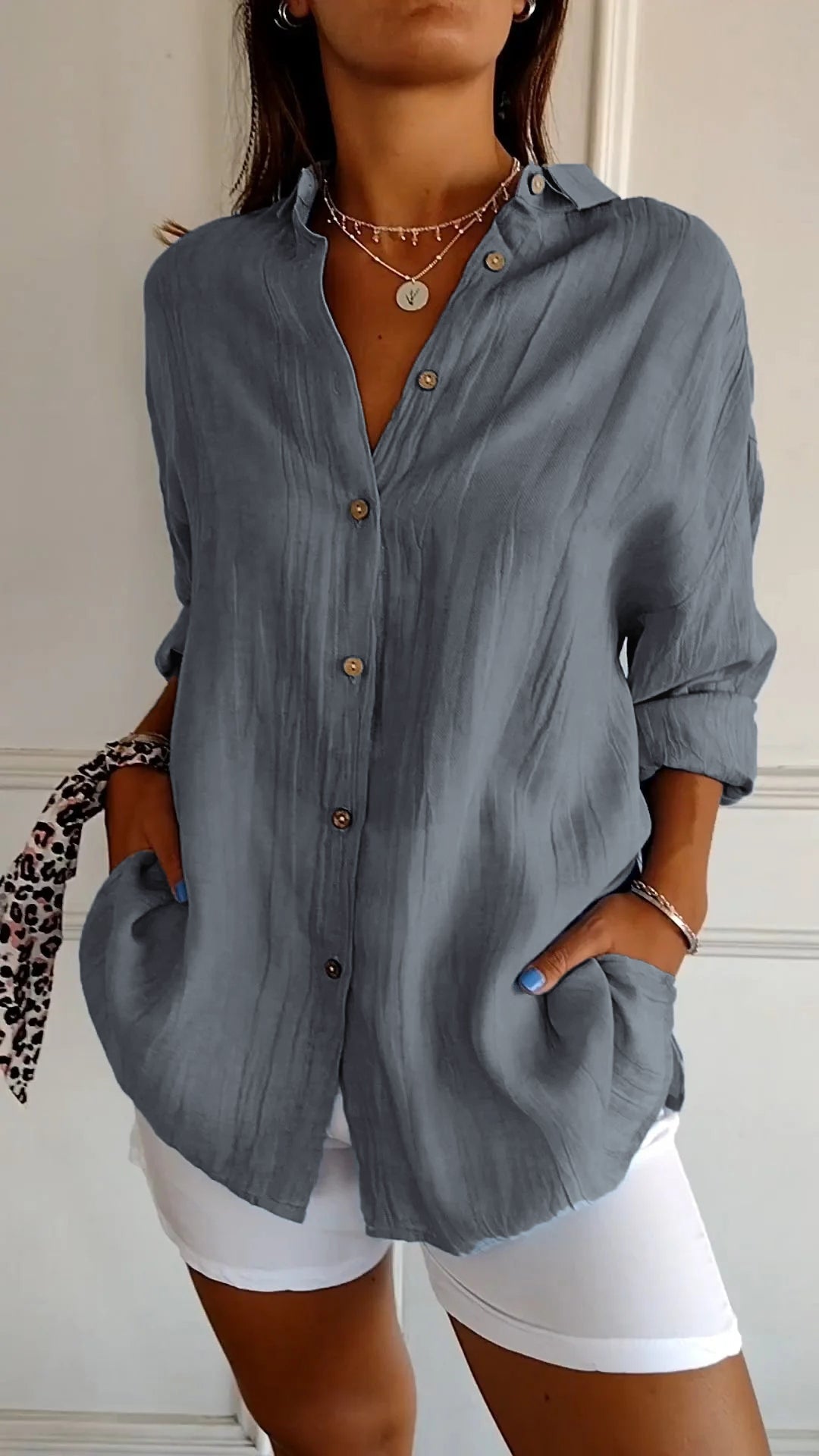 Camicia Donna Maniche Lunghe Plissettata con Tasche