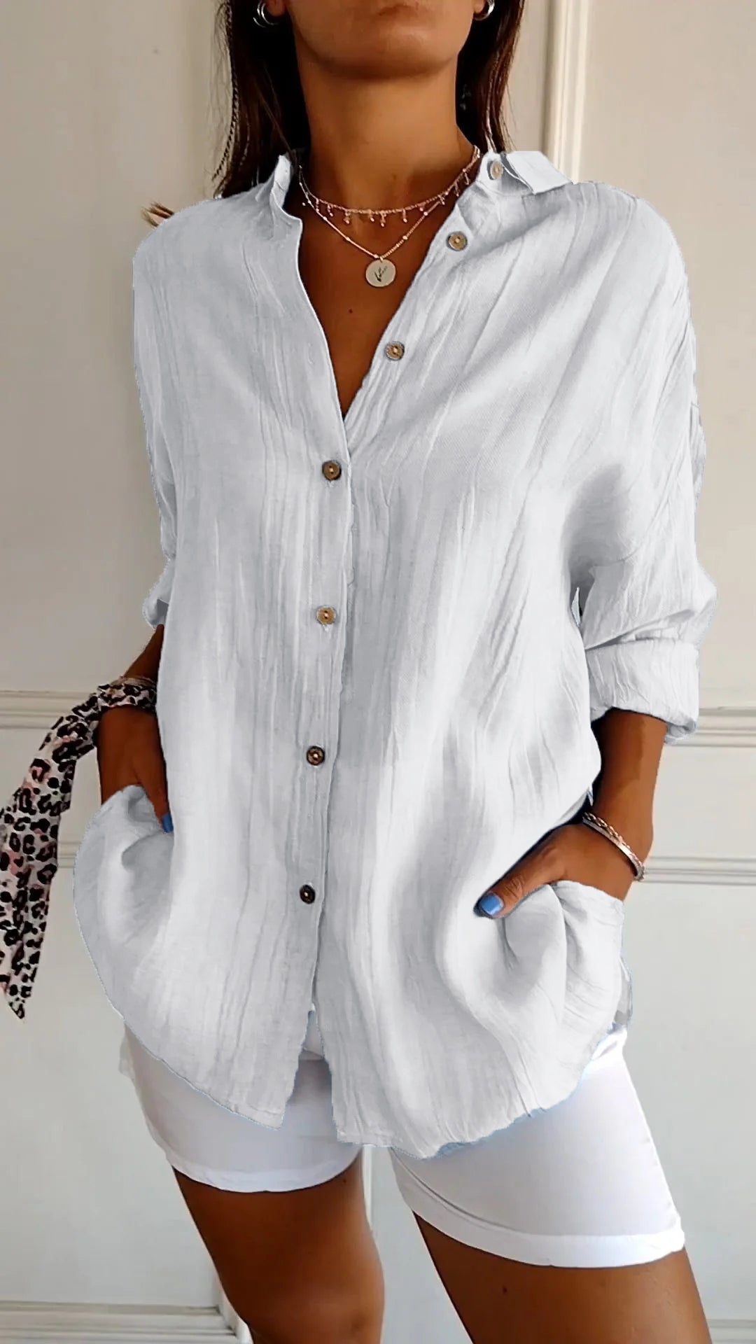 Camicia Donna Maniche Lunghe Plissettata con Tasche