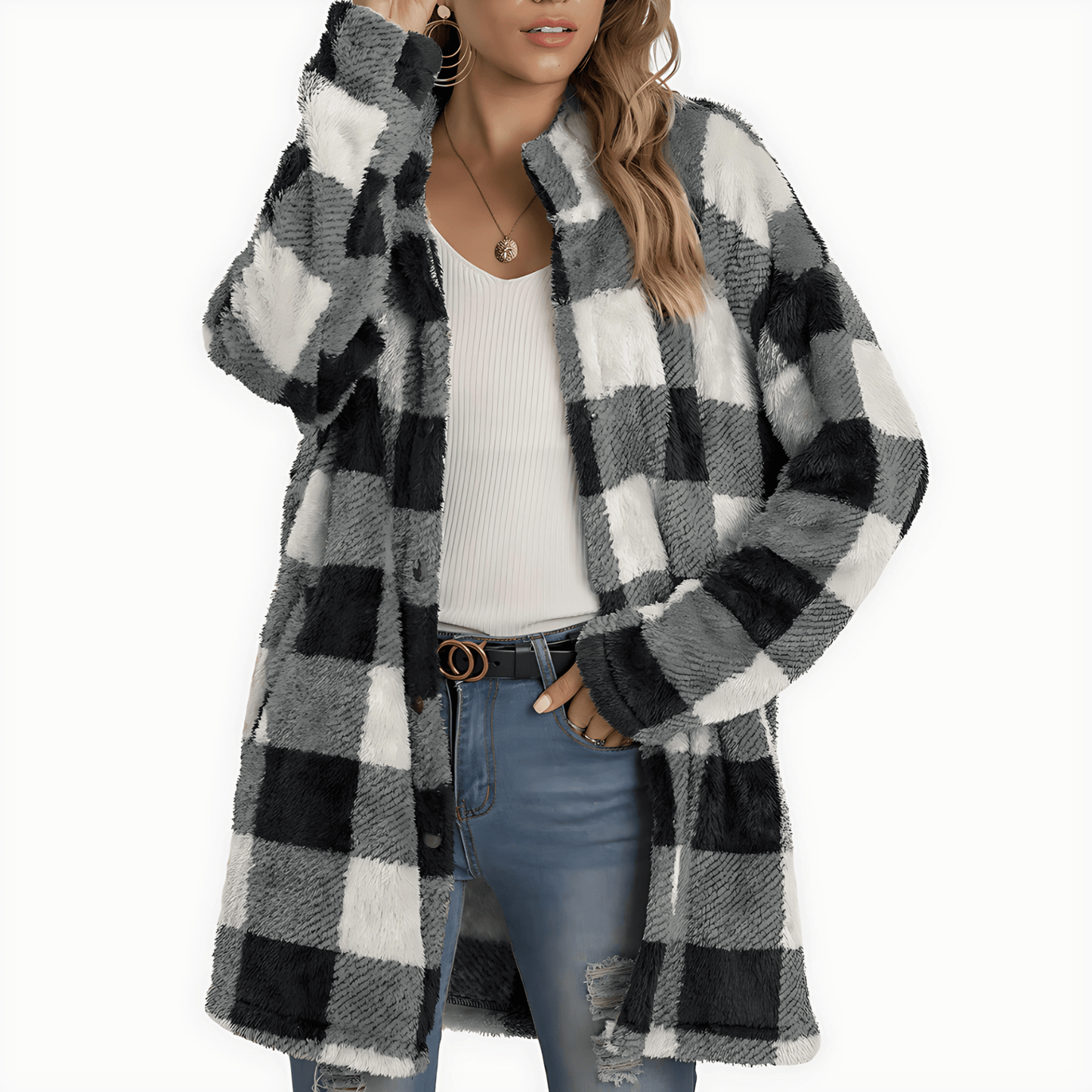 Donna - Cappotto elegante a quadri - Stile invernale