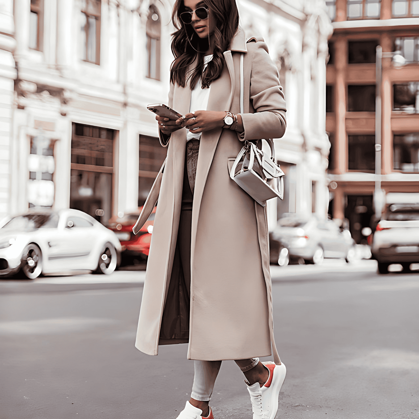 Donna - Cappotto lungo con risvolto a tacche - Cintura in vita
