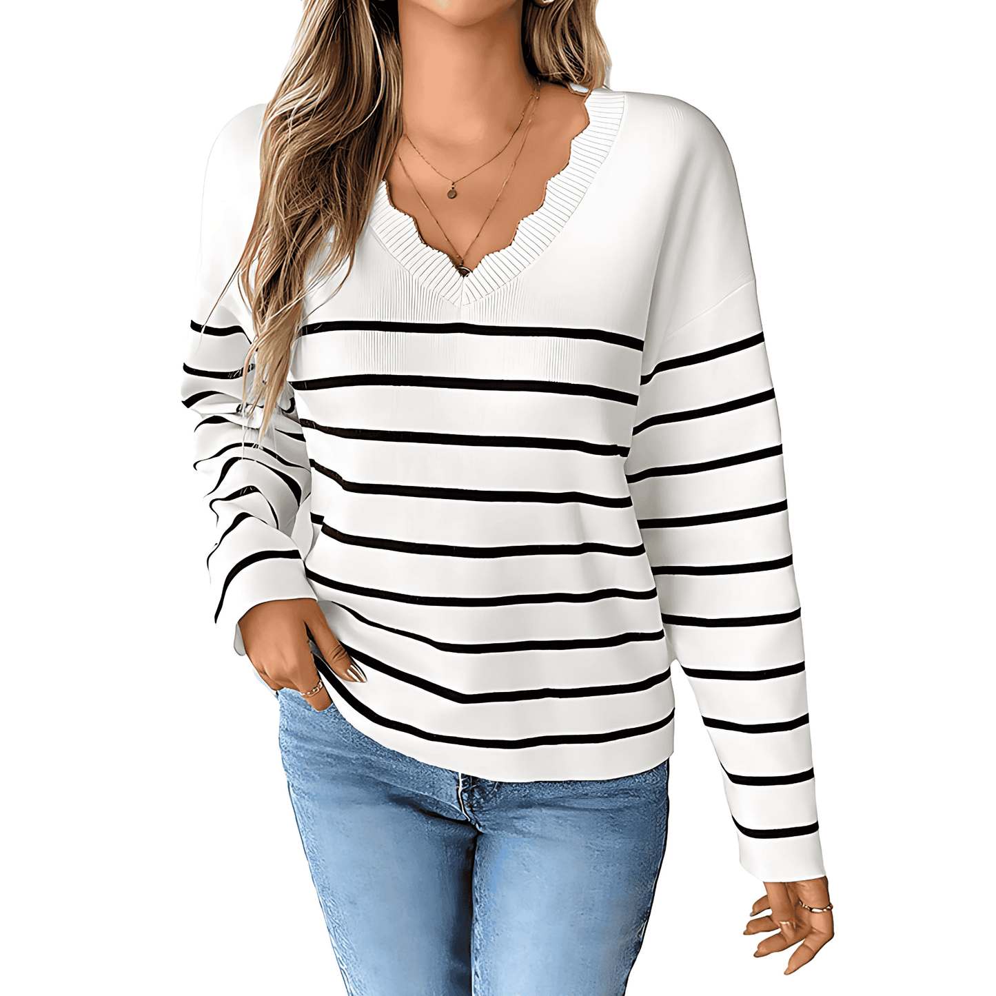 Donna - Maglia con scollo a V - Modello a righe