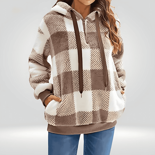 Donna - Felpa con cappuccio a quadri con mezza zip - Stile Accogliente