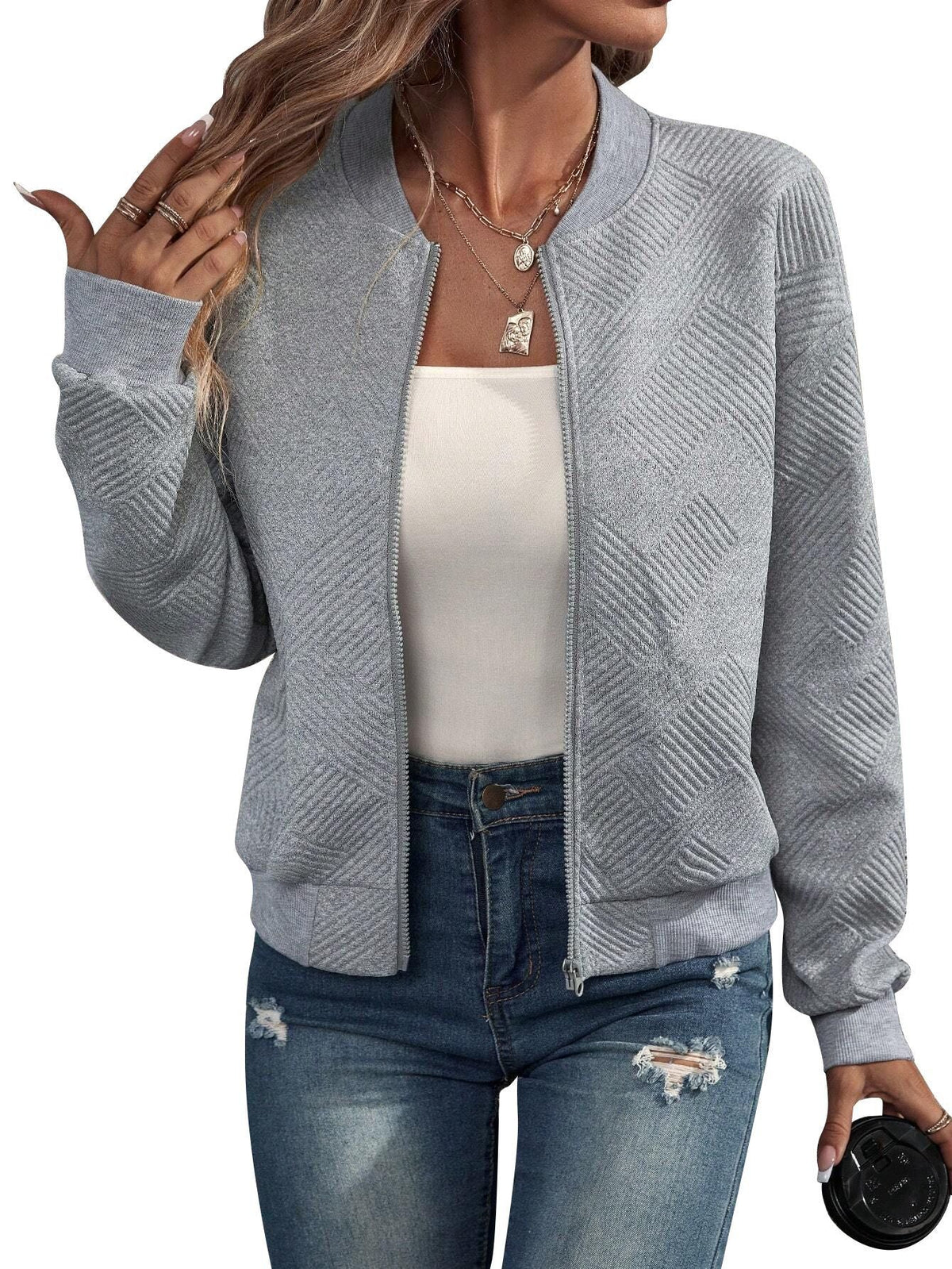 Giacca Bomber Donna Leggera Stampa Geometrica Casual