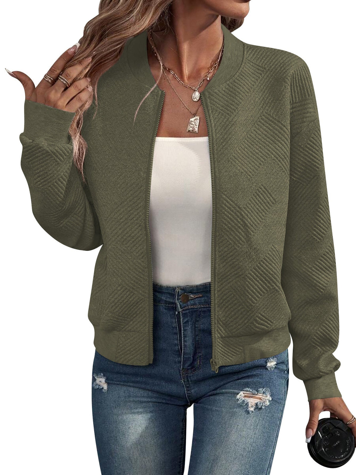 Giacca Bomber Donna Leggera Stampa Geometrica Casual