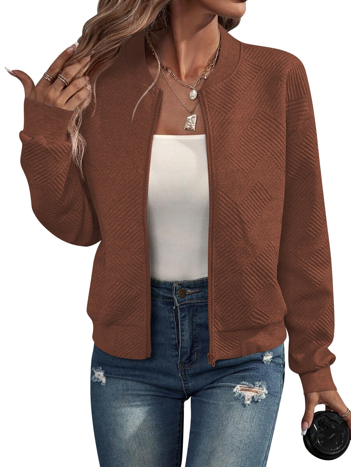 Giacca Bomber Donna Leggera Stampa Geometrica Casual