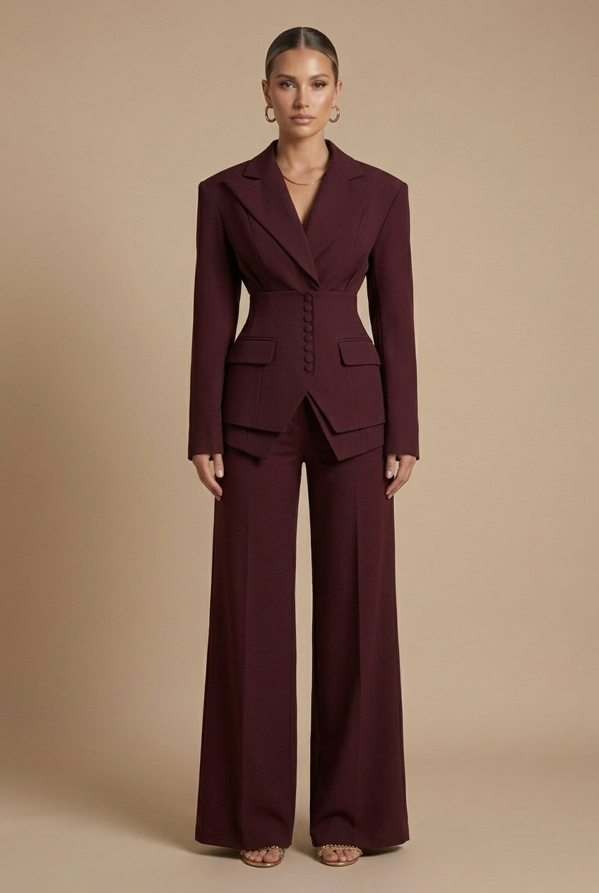 Completo Donna Elegante Blazer Revers a Punta e Pantaloni Palazzo