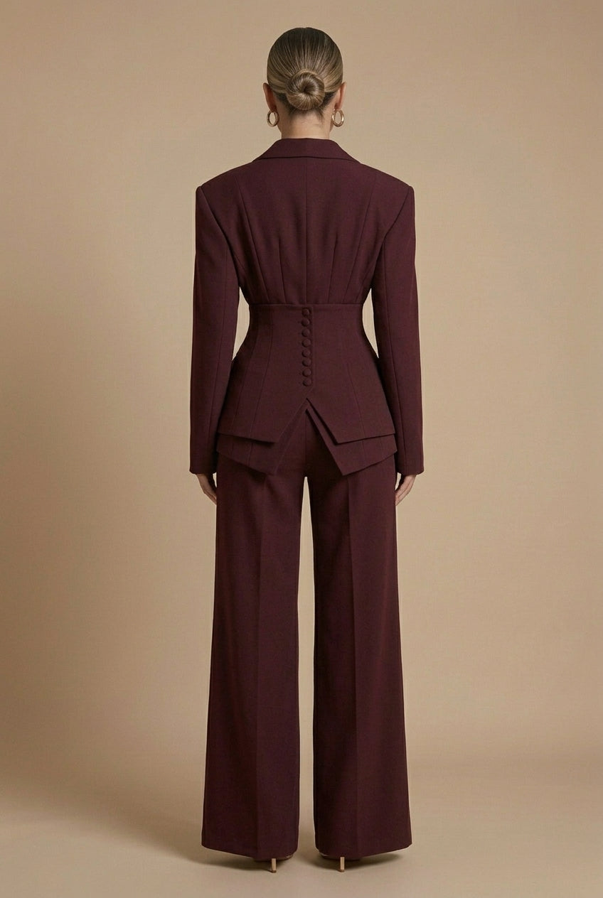 Completo Donna Elegante Blazer Revers a Punta e Pantaloni Palazzo