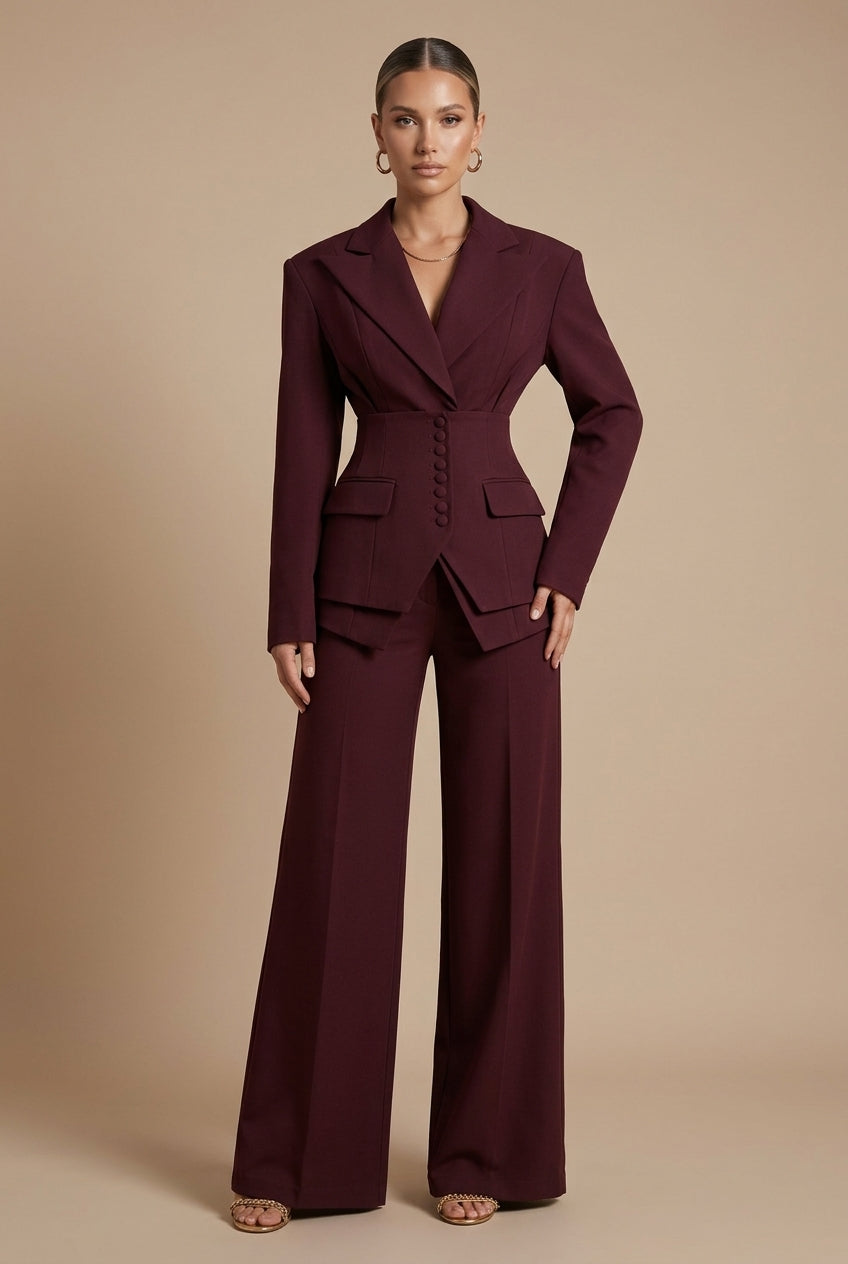 Completo Donna Elegante Blazer Revers a Punta e Pantaloni Palazzo