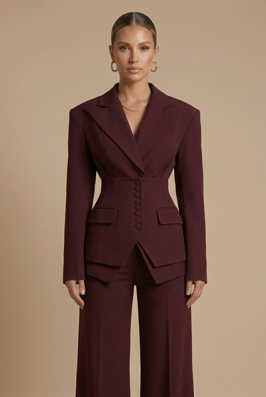 Completo Donna Elegante Blazer Revers a Punta e Pantaloni Palazzo