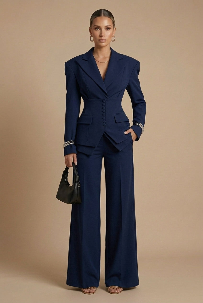 Completo Donna Elegante Blazer Revers a Punta e Pantaloni Palazzo