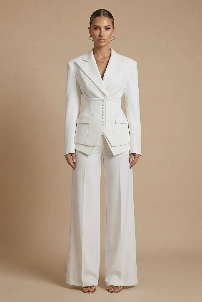 Completo Donna Elegante Blazer Revers a Punta e Pantaloni Palazzo