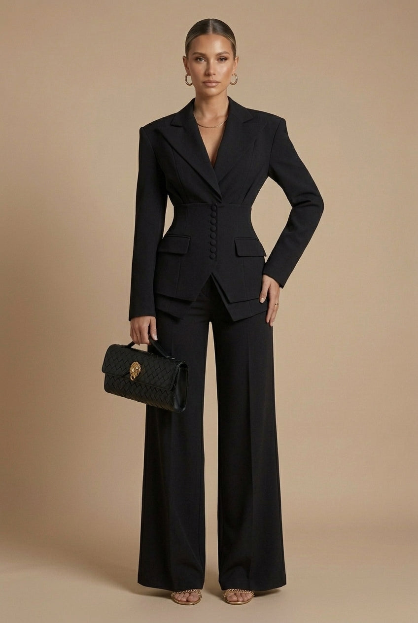 Completo Donna Elegante Blazer Revers a Punta e Pantaloni Palazzo