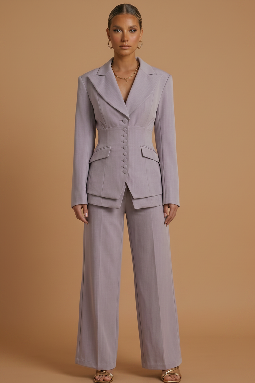 Completo Donna Elegante Blazer Revers a Punta e Pantaloni Palazzo