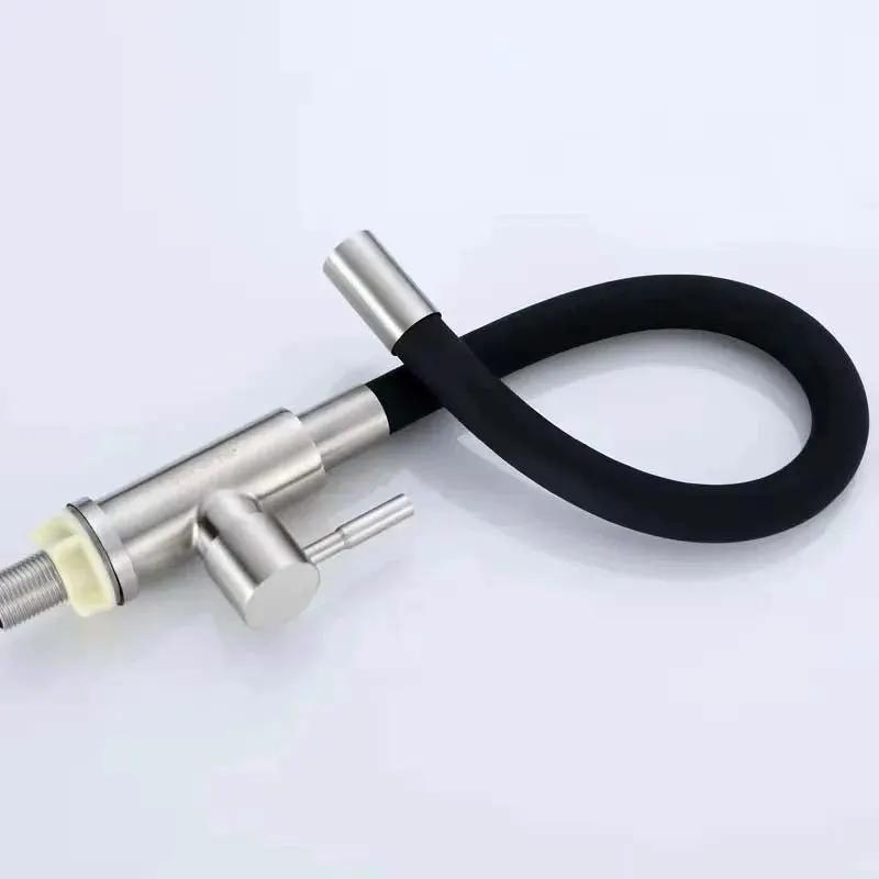 A stainless steel faucet aerator or shower spray attachment with a black flexible hose, shown on a clean white background.