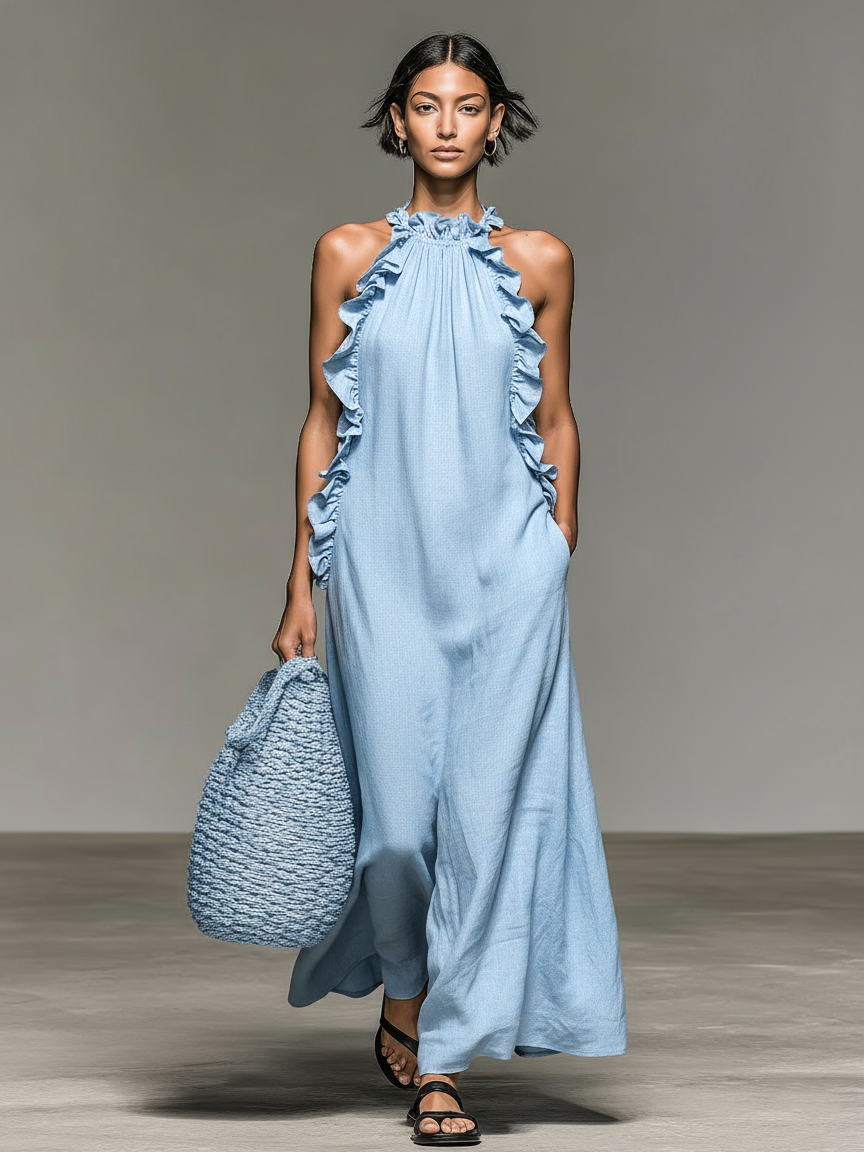Abito Donna Maxi con Volant Senza Maniche
