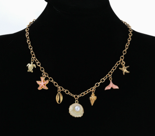 Collana Donna Dorata con Perla Sintetica e Ciondoli a Tema Marino