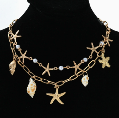 Collana Donna Dorata con Perla Sintetica e Ciondoli a Tema Marino