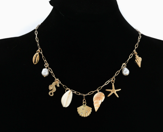 Collana Donna Dorata con Perla Sintetica e Ciondoli a Tema Marino