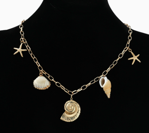 Collana Donna Dorata con Perla Sintetica e Ciondoli a Tema Marino